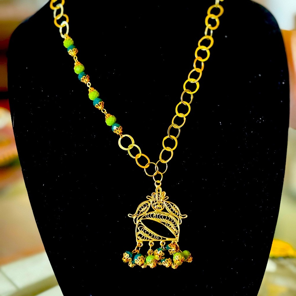 Unique hand made Dark and light Green Necklace with Gold Embellishment.